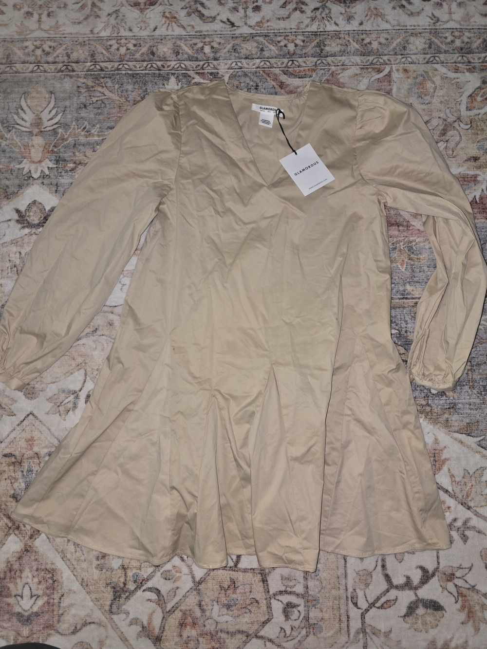 Glamorous Neutral Beige V-Neck Long Sleeve Swing Tunic